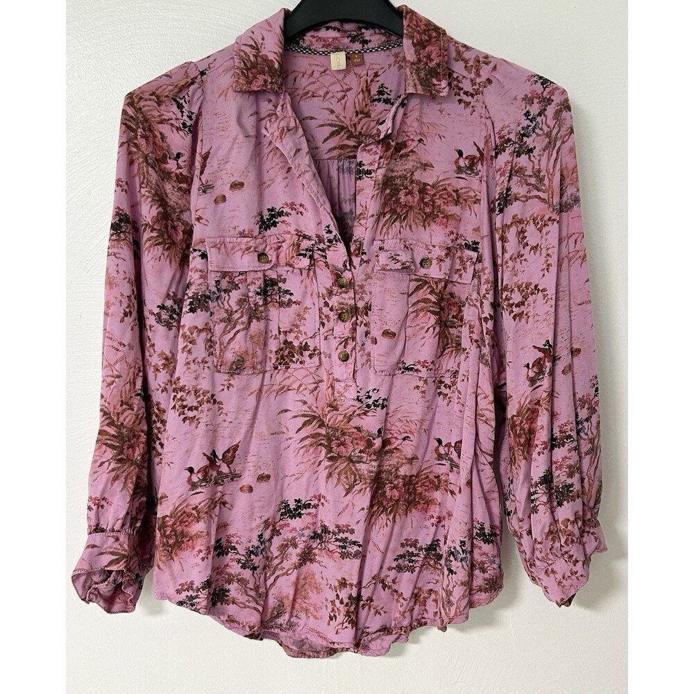Anthropologie Pilcro Femme Utility Button Shirt Blouse Ducks Pink Sz Small